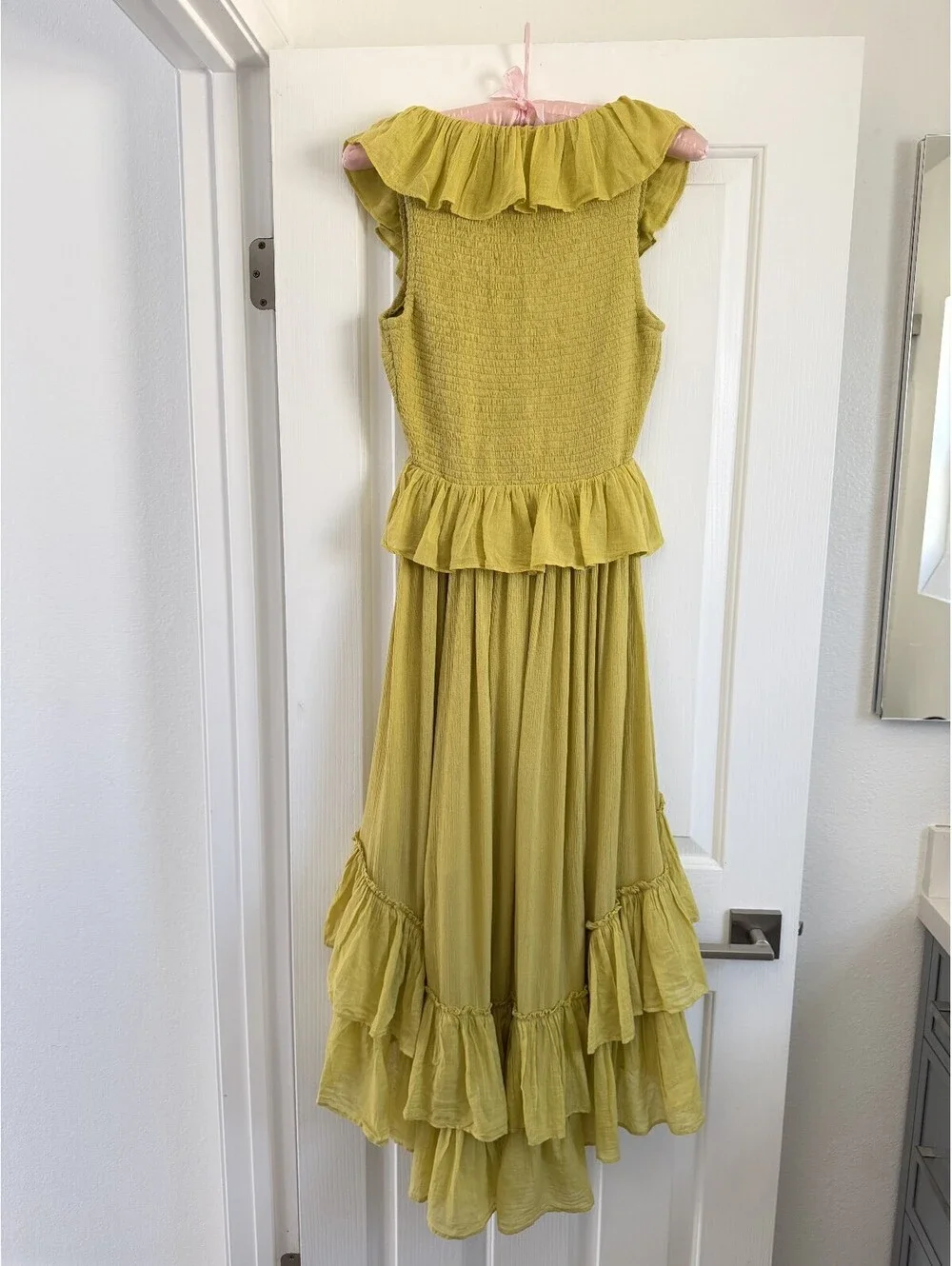Free-est (Free People) Chartreuse Ruffle Smocked High-Low Maxi Dress | Size XS